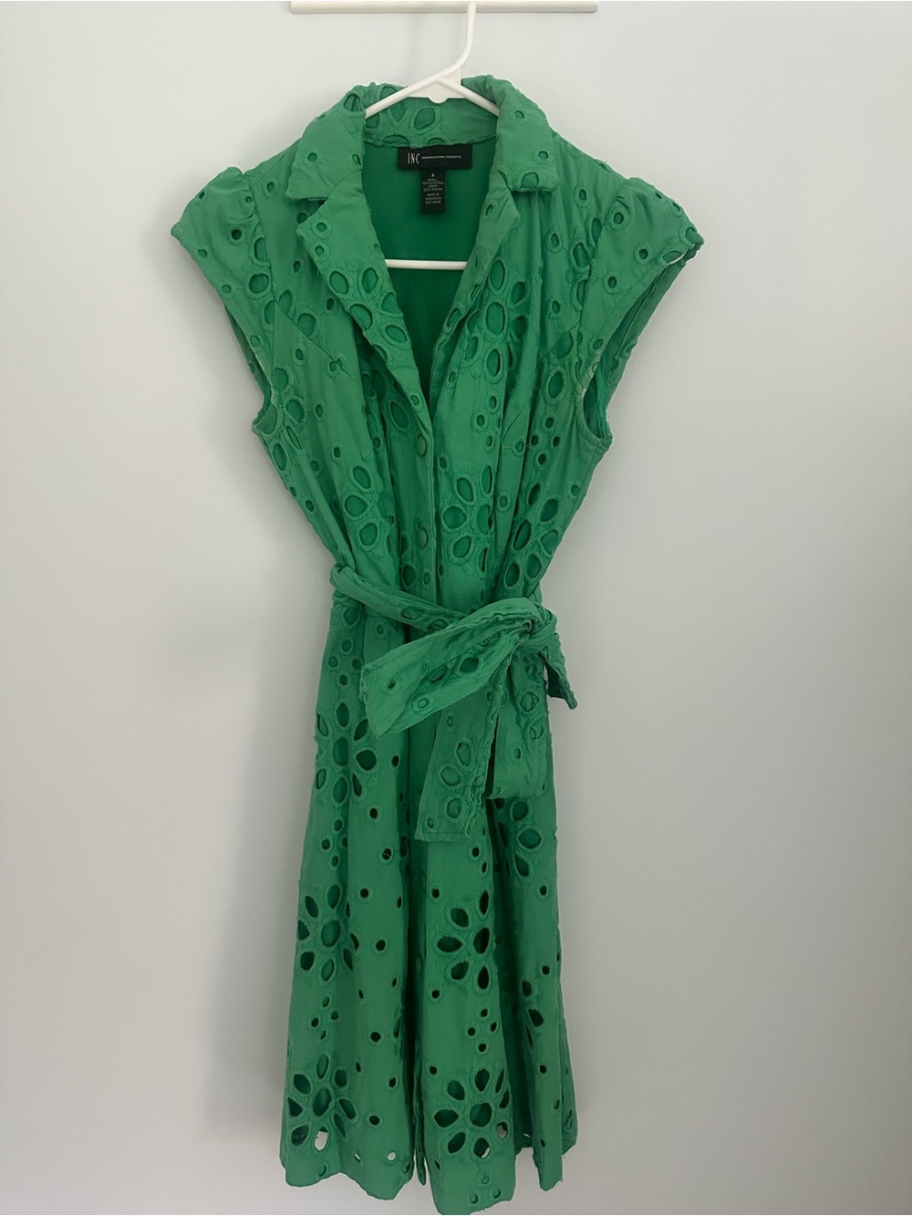INC Green Cotton Eyelet Embroidered Dress Size 2